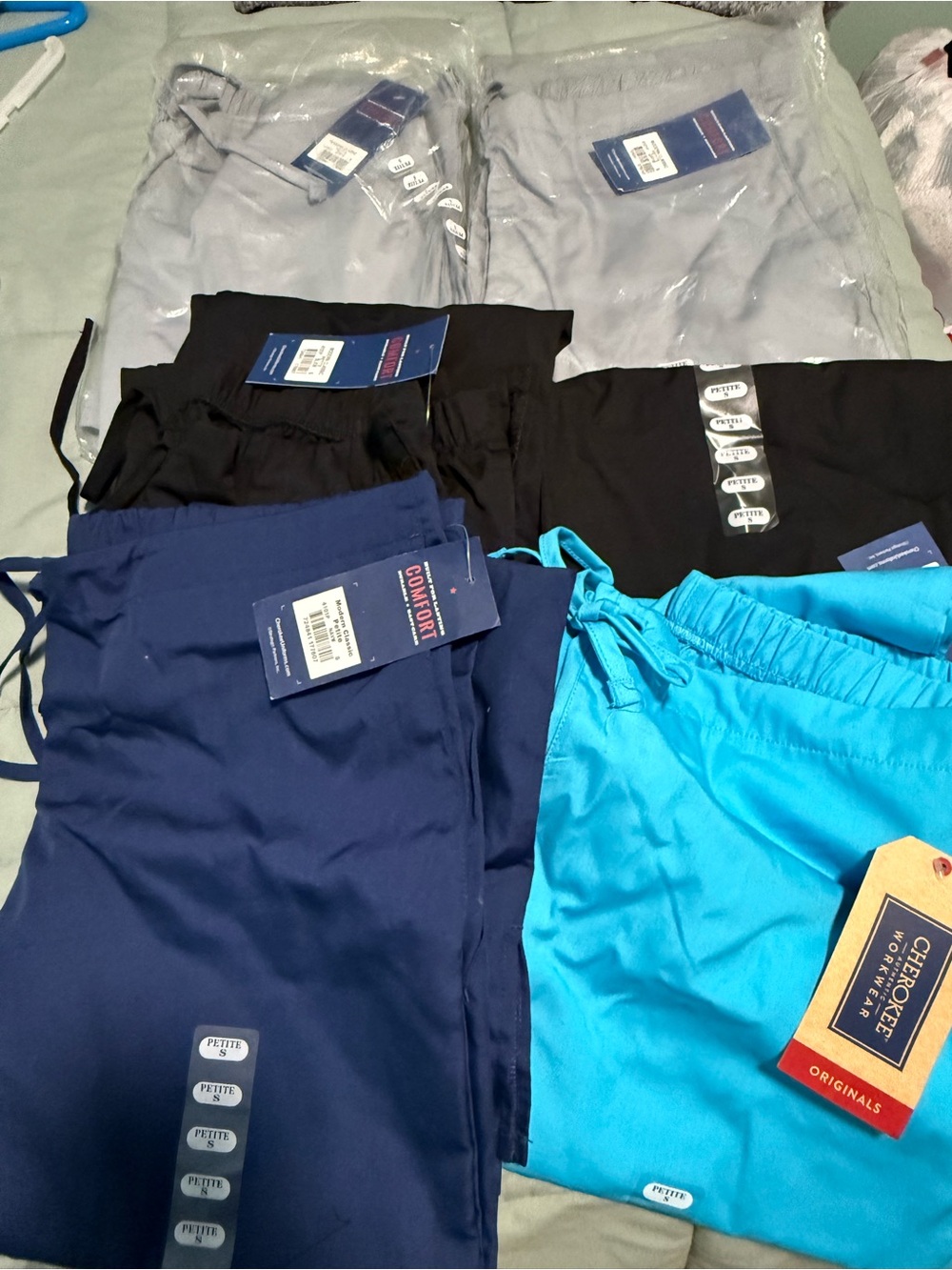 Cherokee workwear Scrub Pants 6 pair: Navy, Black, Light Gray and Turquoise